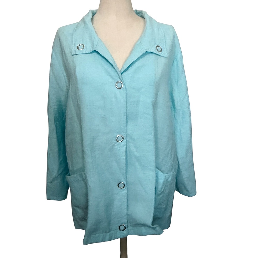 Chico's Aqua Blue Linen Blend Roll Tab Sleeve Grommet Jacket Size 3 XL